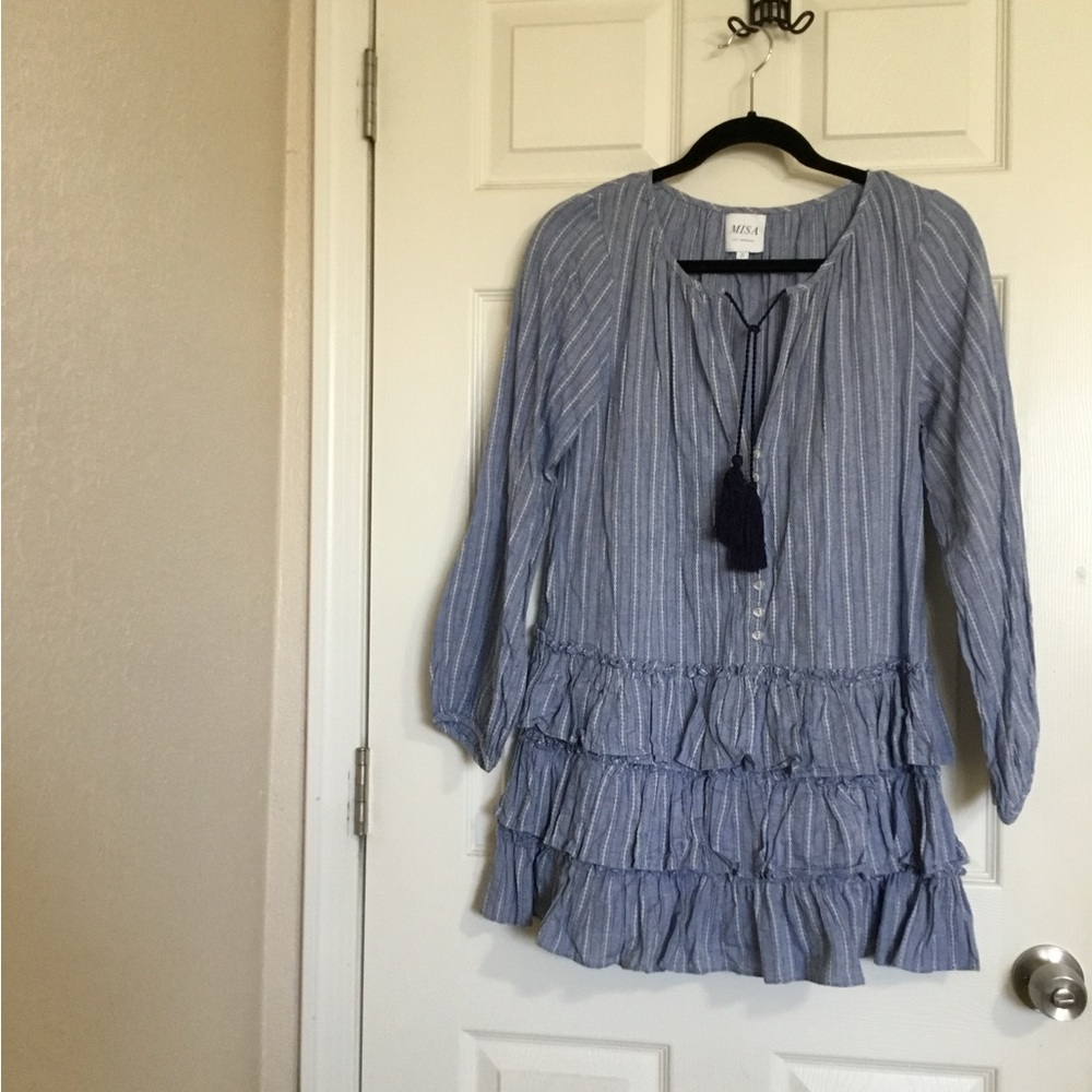 Misa Los Angeles Blue White Striped Drop Waist Long Sleeve Ruffle Tiered Dress S